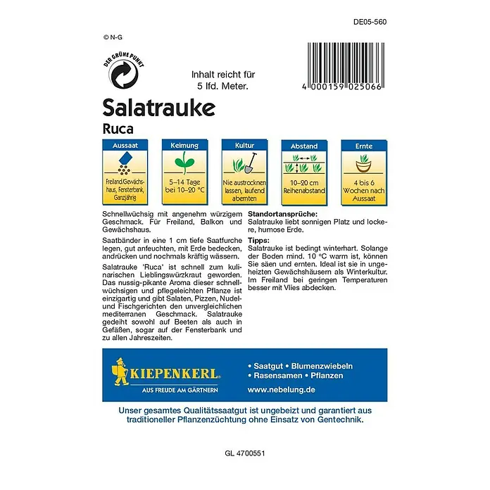 Kiepenkerl Profi-Line Salatsamen Salatrauke - Eruca sativa, Erntezeit: Ganzjährig - Rückansicht