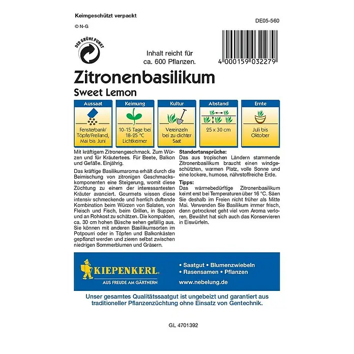 Kiepenkerl Profi-Line Kräutersamen Zitronenbasilikum - Ocimum americanum, Saatzeit: Mai, Erntezeit: Juli - Rückansicht