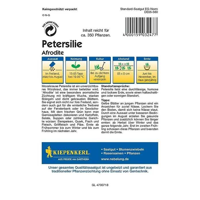 Kiepenkerl Profi-Line Kräutersamen Petersilie - Afrodite, Petroselinum crispum var. crispum, Saatzeit: März, Erntezeit: Juni - Rückansicht