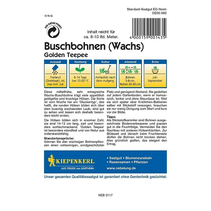 Kiepenkerl Profi-Line Gemüsesamen Buschbohne - Golden Teepee, Phaseolus vulgaris var. nanus, Erntezeit: Juli - Rückansicht