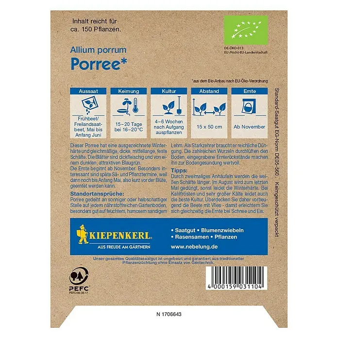 Kiepenkerl Profi-Line Gemüsesamen Porree - Bio Porree, Allium porrum, Erntezeit: November - Rückansicht