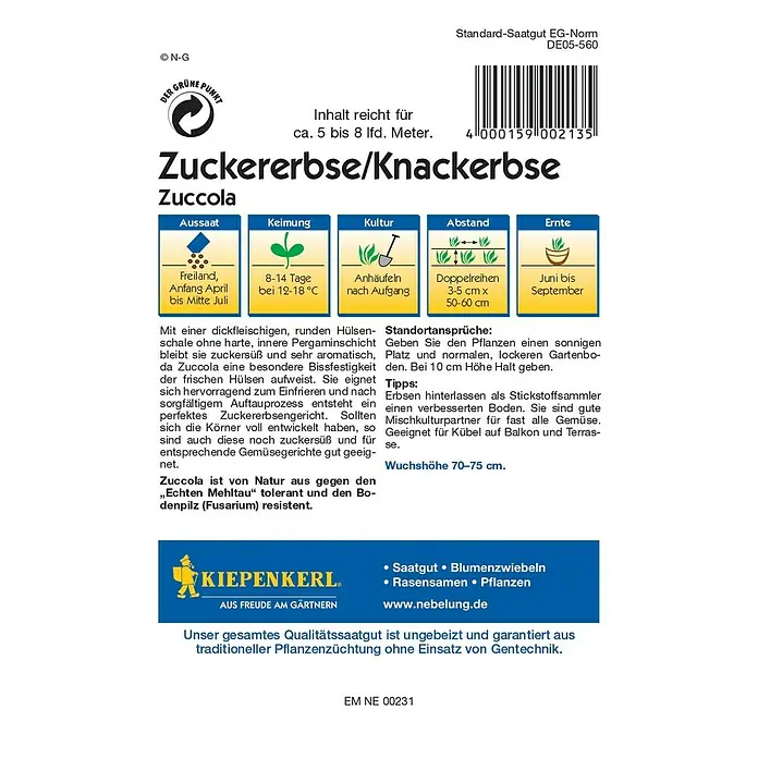Kiepenkerl Profi-Line Gemüsesamen Zuckererbse - Zuccola, Pisum sativum, Erntezeit: Juni - Rückansicht