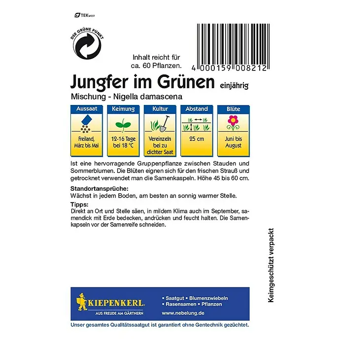 Kiepenkerl Blumensamen Jungfer im Grünen - Nigella damascena, Mischung, Blütezeit: Juni - Rückansicht