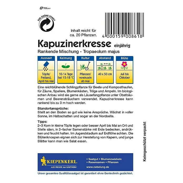 Kiepenkerl Kräutersamen Kapuzinerkresse - Tropaeolum majus, Saatzeit: April - Rückansicht