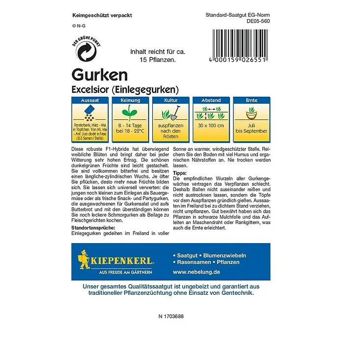 Kiepenkerl Gemüsesamen Einlegegurke - Excelsior, Cucumis sativus, Erntezeit: Juli - Rückansicht