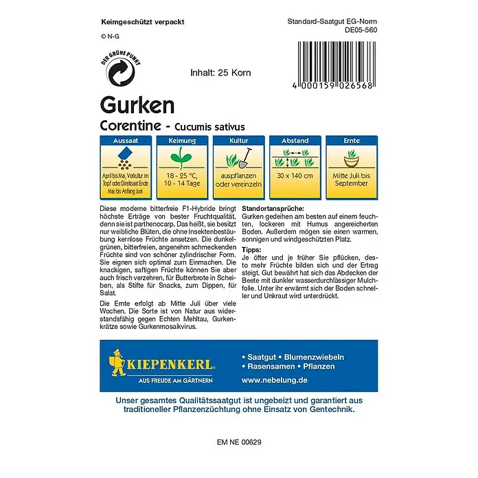 Kiepenkerl Profi-Line Gemüsesamen Einlegegurke - Corentine, Cucumis sativus, Erntezeit: Juli - Rückansicht
