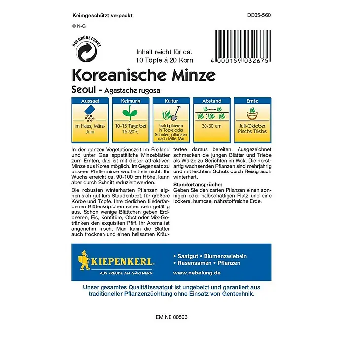 Kiepenkerl Profi-Line Kräutersamen Koreanische Minze - Seoul, Agastache rugosa, Saatzeit: Mai, Erntezeit: Juli - Rückansicht