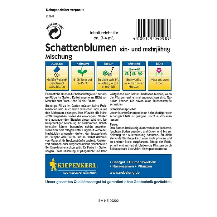 Kiepenkerl Blumensamen Schattenblumen - Verschiedene Sorten, Mehrfarbig, 3 m² - 4 m² - Rückansicht