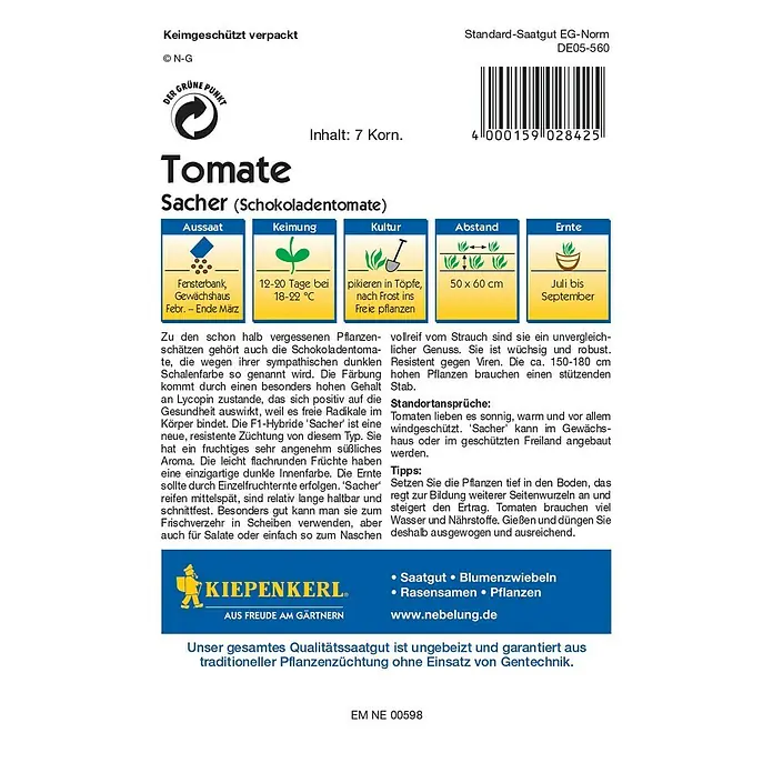 Kiepenkerl Gemüsesamen Tomate - Sacher F1, Solanum lycopersicum, Erntezeit: Juli - Rückansicht