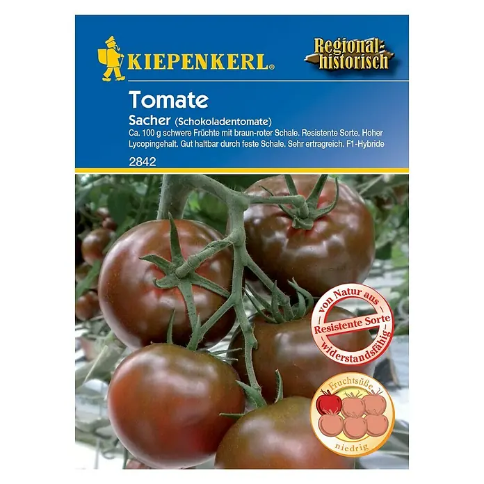 Kiepenkerl Gemüsesamen Tomate - Sacher F1, Solanum lycopersicum, Erntezeit: Juli - Vorderansicht