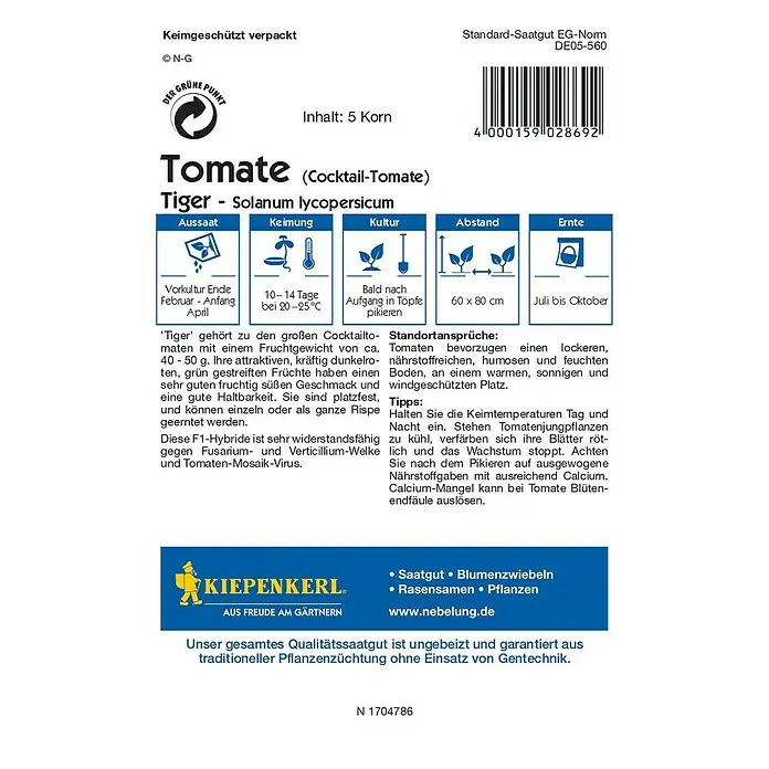 Kiepenkerl Profi-Line Gemüsesamen Tomate - Tiger F1, Solanum lycopersicum, Erntezeit: Juli - Rückansicht
