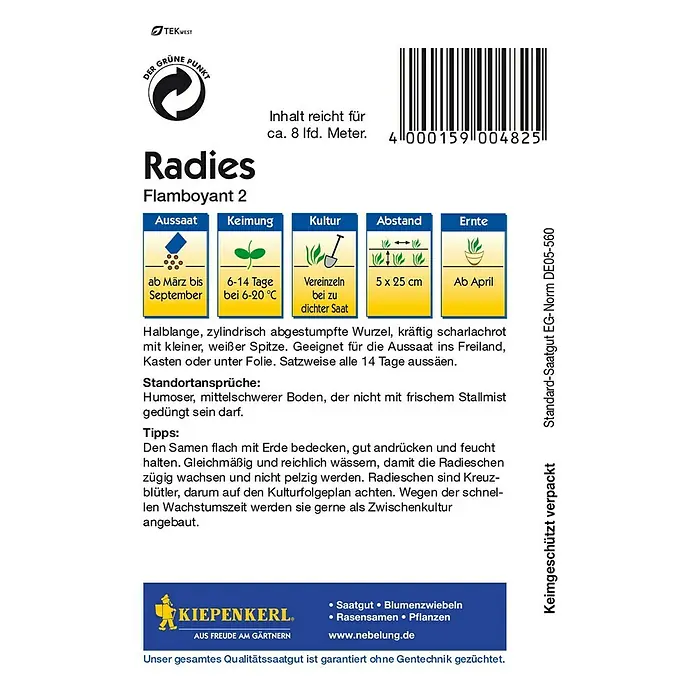Kiepenkerl Gemüsesamen Radieschen - Flamboyant 2, Raphanus sativus var. sativus, Erntezeit: April - Rückansicht