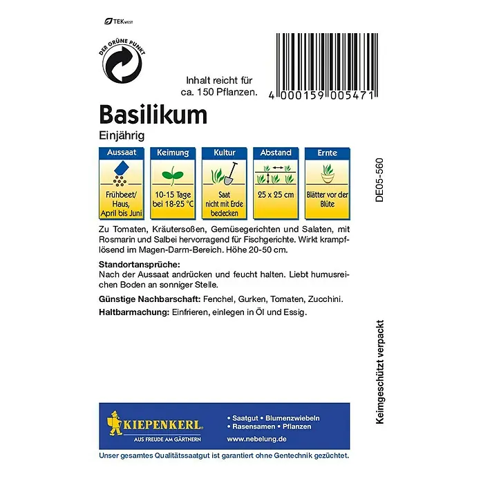 Kiepenkerl Kräutersamen Basilikum - Ocimum basilicum, Erntezeit: Juni - Rückansicht
