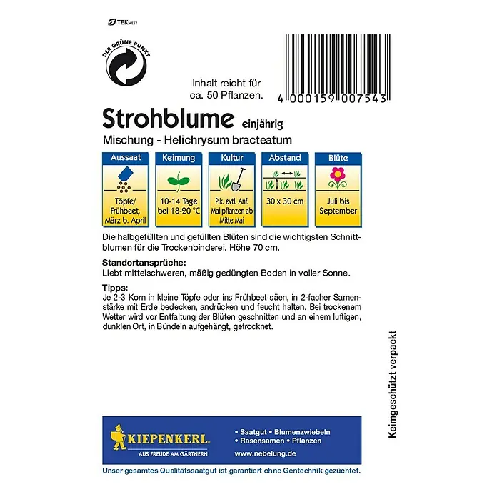 Kiepenkerl Blumensamen Strohblume - Helichrysum bracteatum, Mehrfarbig - Rückansicht