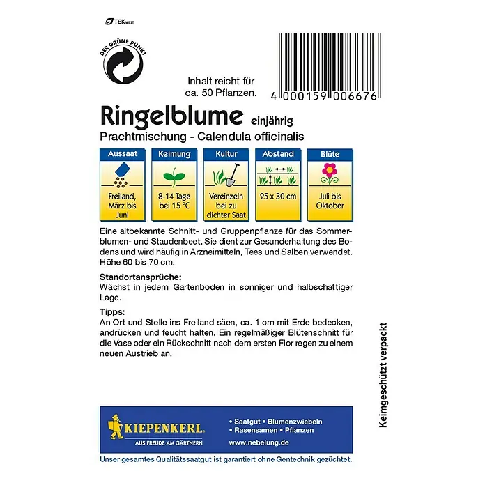 Kiepenkerl Blumensamen Ringelblume - Calendula officinalis, Mehrfarbig - Rückansicht