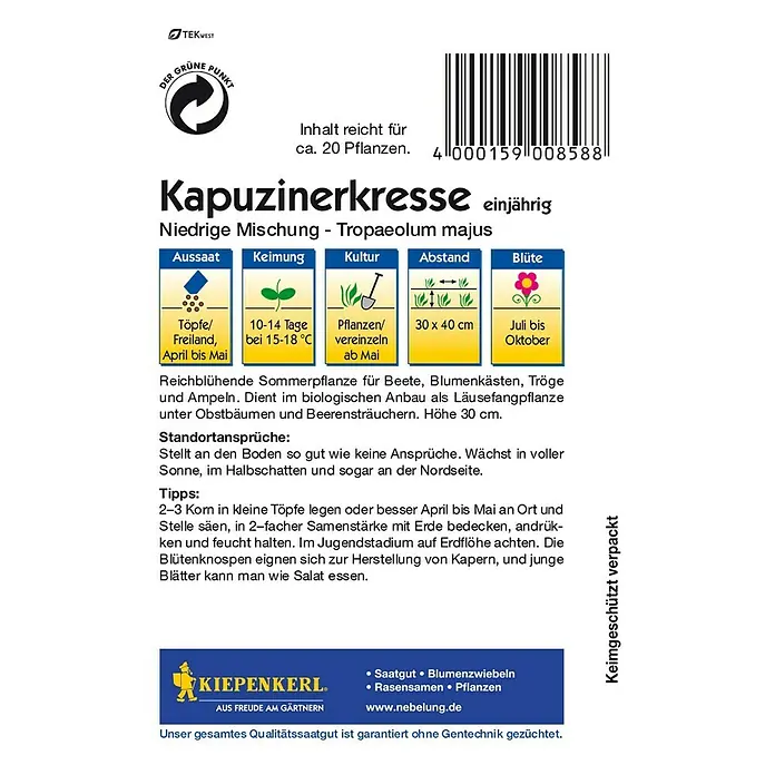 Kiepenkerl Kräutersamen Kapuzinerkresse niedrig - Tropaeolum majus, Saatzeit: April - Vorderansicht