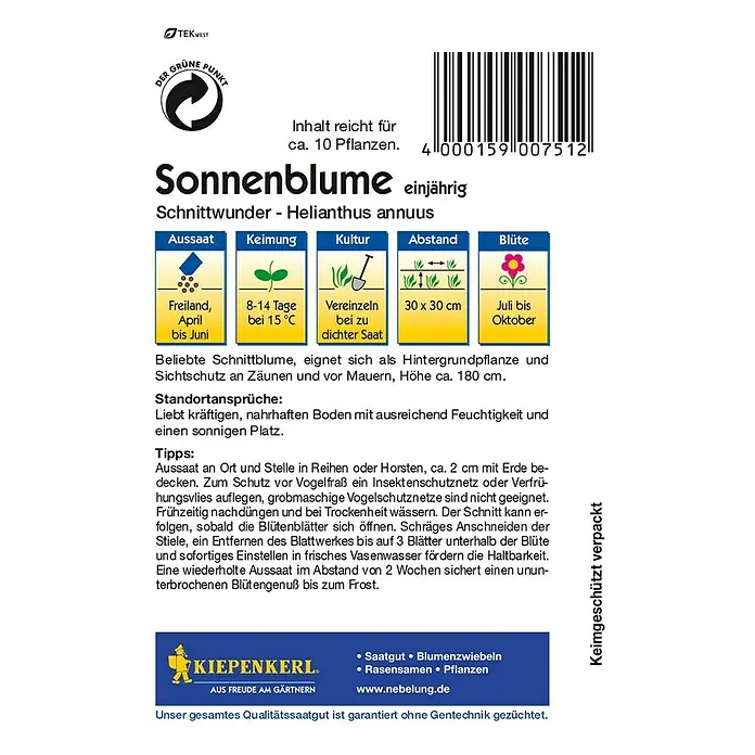 Kiepenkerl Blumensamen Sonnenblume - Schnittwunder, Helianthus annuus, Gelb - Rückansicht