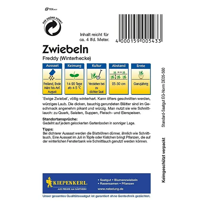 Kiepenkerl Gemüsesamen Zwiebel Freddy - Allium fistulosum, Erntezeit: Ganzjährig - Rückansicht