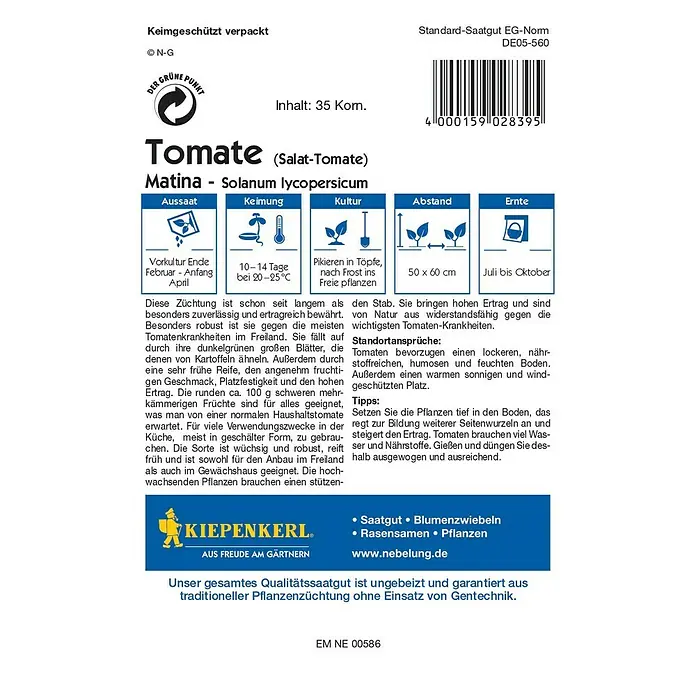 Kiepenkerl Gemüsesamen Tomate - Matina, Solanum lycopersicum, Erntezeit: Juli - Rückansicht
