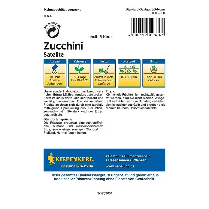Kiepenkerl Profi-Line Gemüsesamen Zucchini - Satelite F1, Cucurbita pepo, Erntezeit: Juli - Rückansicht