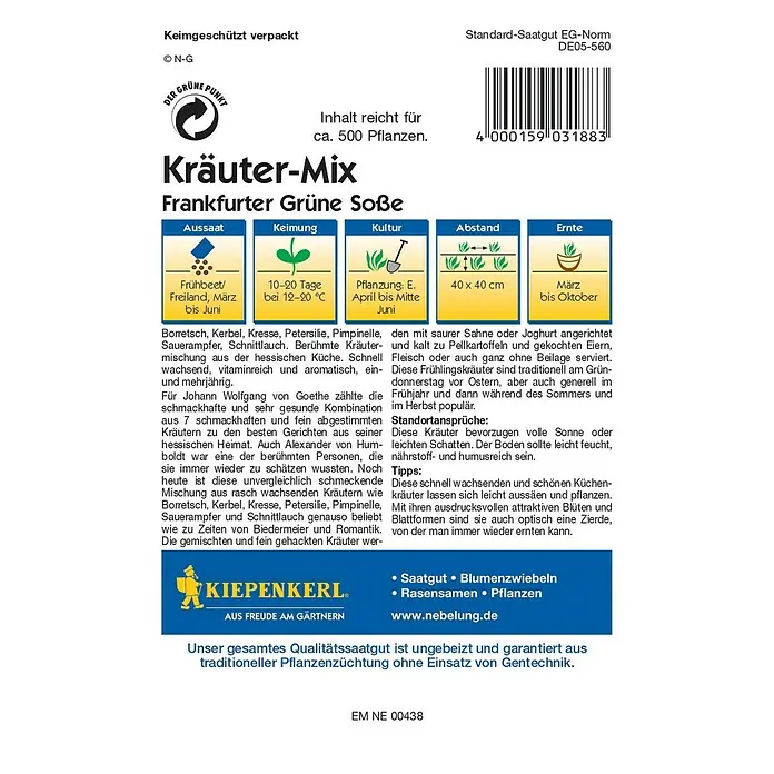 Kiepenkerl Profi-Line Kräutersamenmischung Frankfurter Grüne Soße - Verschiedene Sorten, Erntezeit: März - Rückansicht