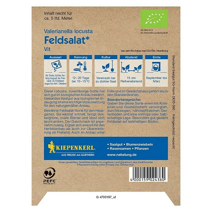 Kiepenkerl Profi-Line Salatsamen Feldsalat - Bio Feldsalat, Valerianella locusta, Erntezeit: September - Rückansicht
