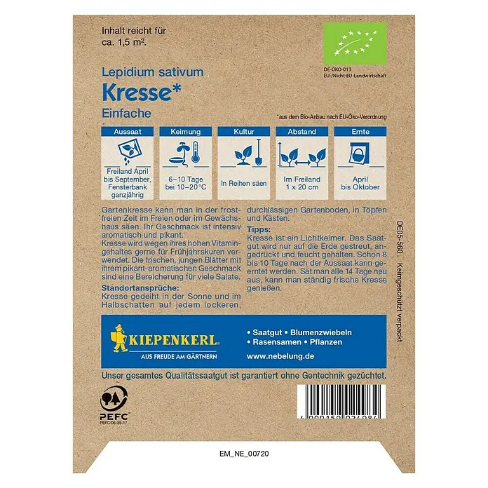 Kiepenkerl Profi-Line Kräutersamen Kresse - Bio, Lepidium sativum, Saatzeit: April, Erntezeit: April - Rückansicht