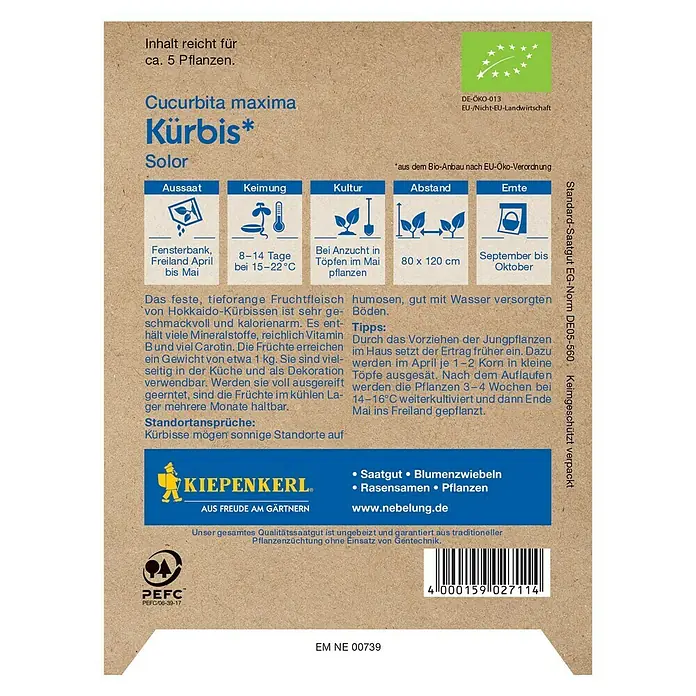 Kiepenkerl Profi-Line Gemüsesamen Kürbis - Hokkaido Bio, Cucurbita maxima, Erntezeit: September - Rückansicht