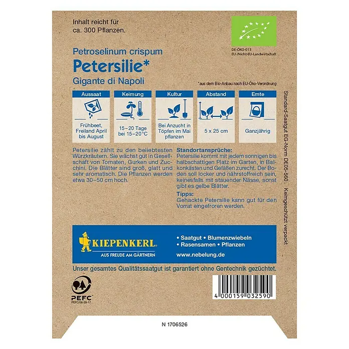 Kiepenkerl Profi-Line Kräutersamen Petersilie - Bio Glatt, Petroselinum crispum var. neapolitanum, Saatzeit: April, Erntezeit: Ganzjährig - Rückansicht