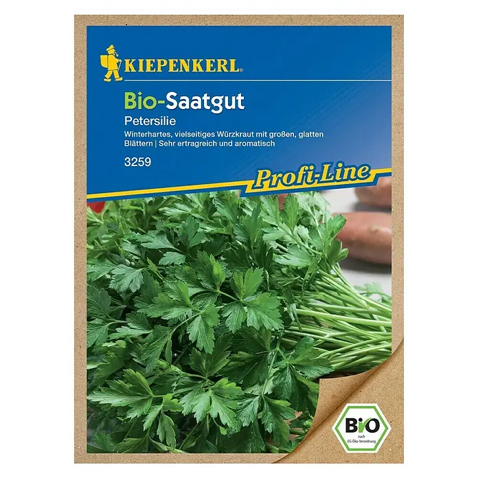 Kiepenkerl Profi-Line Kräutersamen Petersilie - Bio Glatt, Petroselinum crispum var. neapolitanum, Saatzeit: April, Erntezeit: Ganzjährig - Vorderansicht
