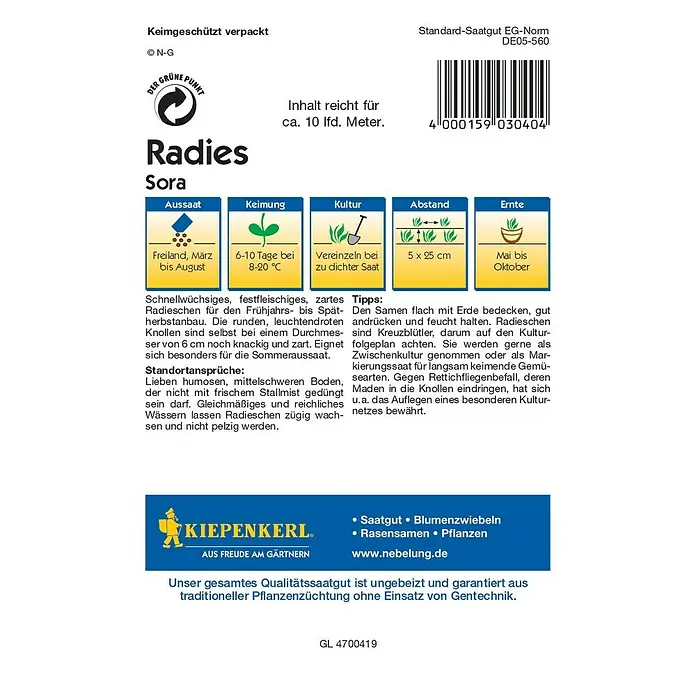 Kiepenkerl Profi-Line Gemüsesamen Radieschen - Sora, Raphanus sativus var. sativus, Erntezeit: Mai - Rückansicht