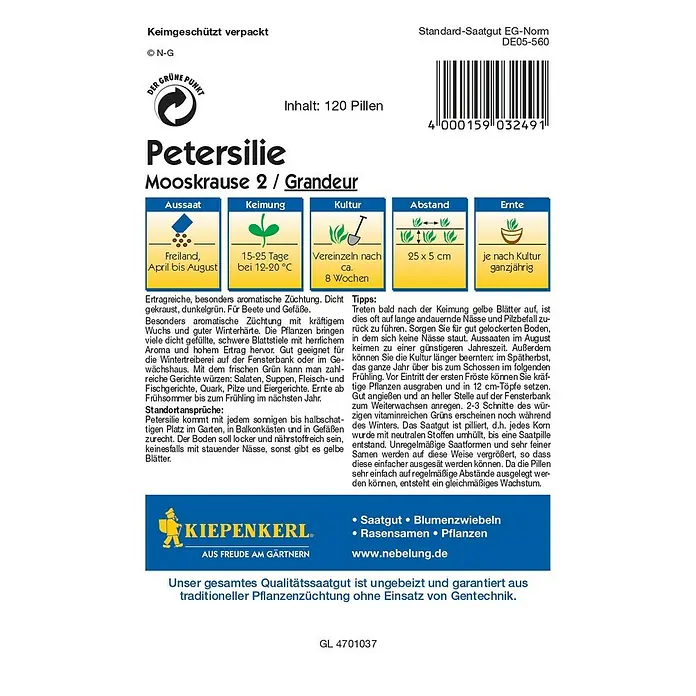 Kiepenkerl Profi-Line Kräutersamen Petersilie - Grandeur - Pille, Petroselinum crispum var. crispum, Saatzeit: April, Erntezeit: Ganzjährig - Rückansicht