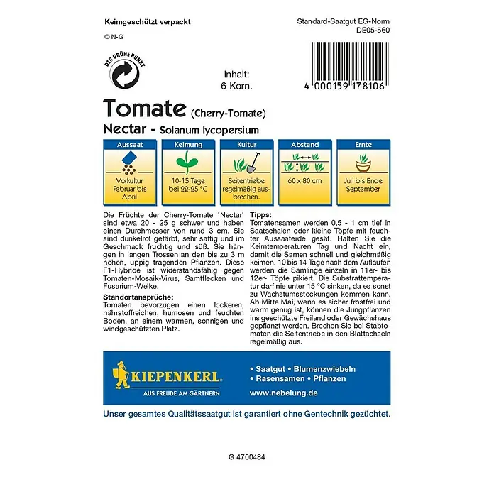Kiepenkerl Profi-Line Gemüsesamen Tomate - Nectar F1, Solanum lycopersicum, Erntezeit: Juli - Rückansicht