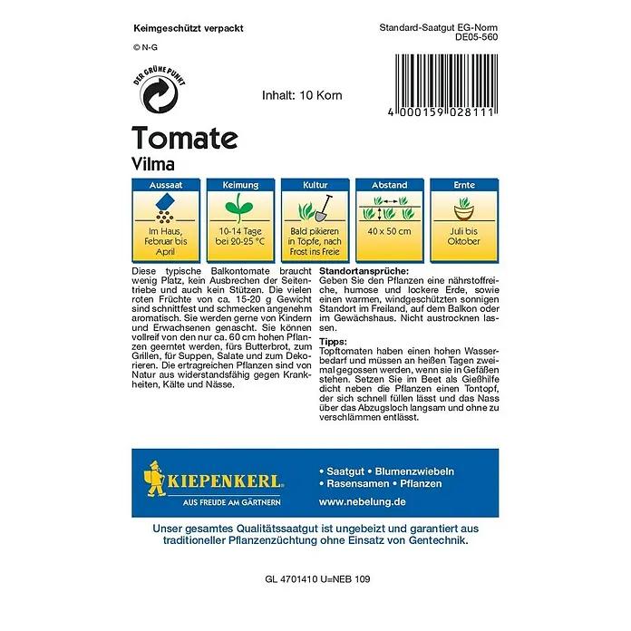 Kiepenkerl Profi-Line Gemüsesamen Tomate - Vilma, Solanum lycopersicum, Erntezeit: Juli - Rückansicht