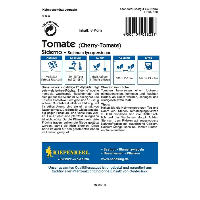 Kiepenkerl Profi-Line Gemüsesamen Tomate - Siderno F1, Solanum lycopersicum, Erntezeit: Juli - Rückansicht