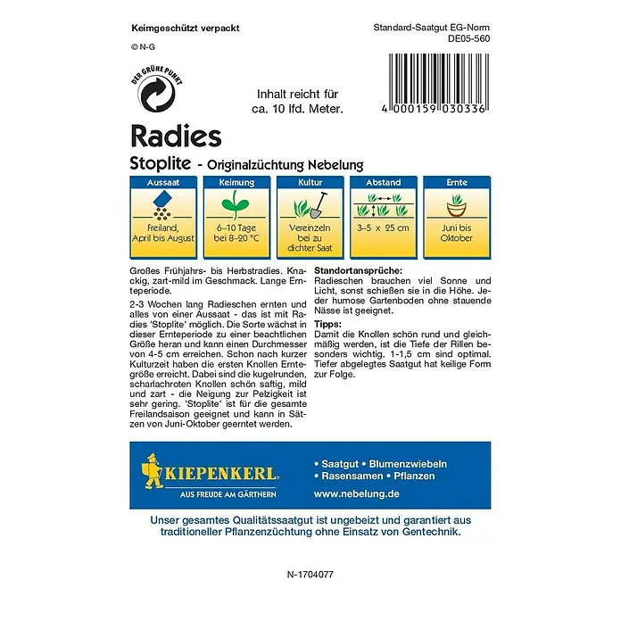 Kiepenkerl Profi-Line Gemüsesamen Radieschen - Stoplite, Raphanus sativus var. sativus, Erntezeit: Juni - Rückansicht