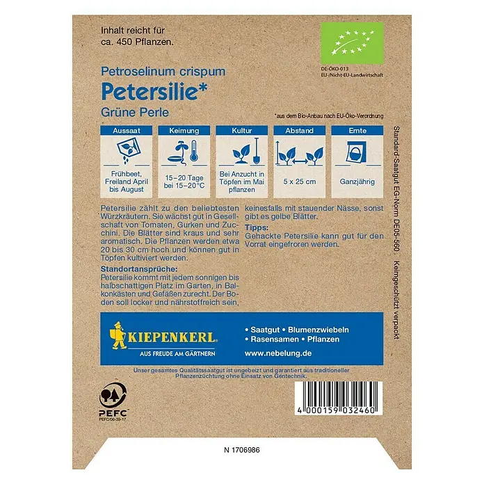 Kiepenkerl Profi-Line Kräutersamen Petersilie - Bio Kraus, Petroselinum crispum var. crispum, Saatzeit: April, Erntezeit: Ganzjährig - Rückansicht