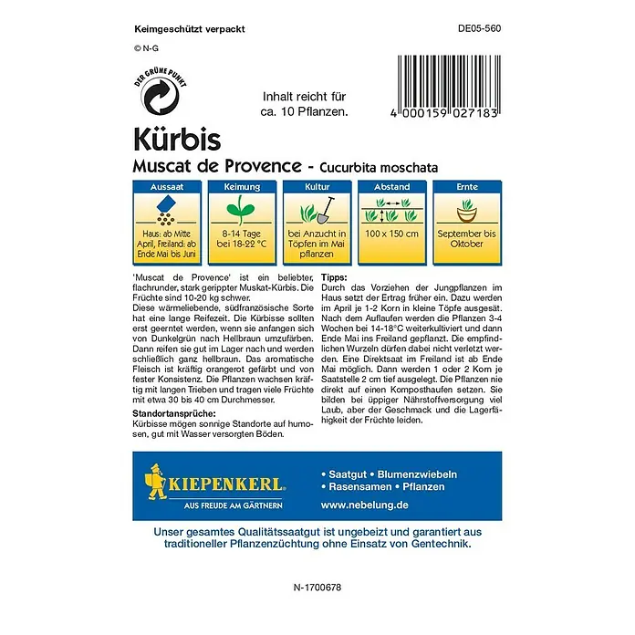 Kiepenkerl Profi-Line Gemüsesamen Kürbis - Muscat de Provence, Cucurbita maxima, Erntezeit: September - Rückansicht