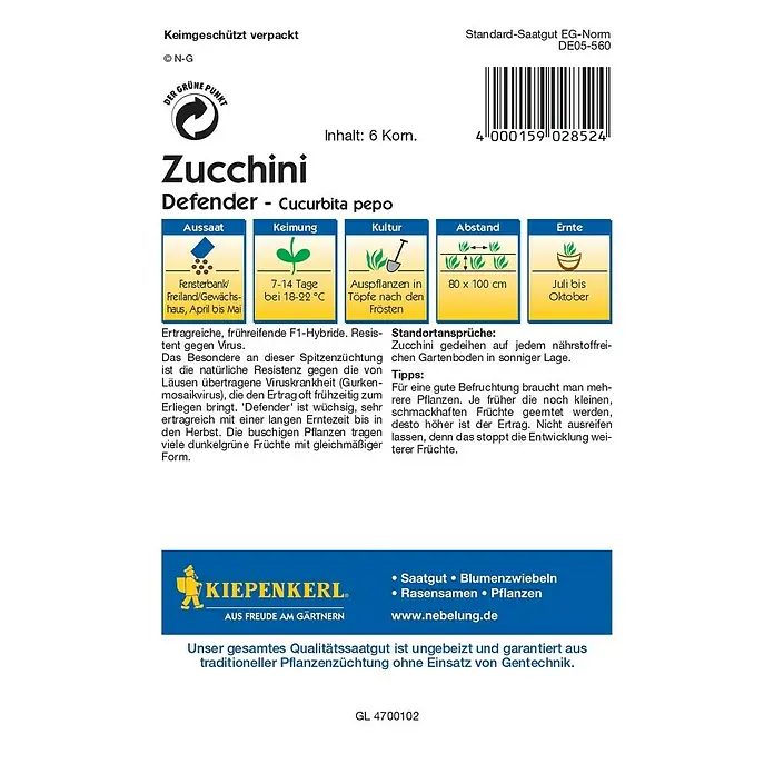 Kiepenkerl Profi-Line Gemüsesamen Zucchini - Defender F1, Cucurbita pepo, Erntezeit: Juli - Rückansicht