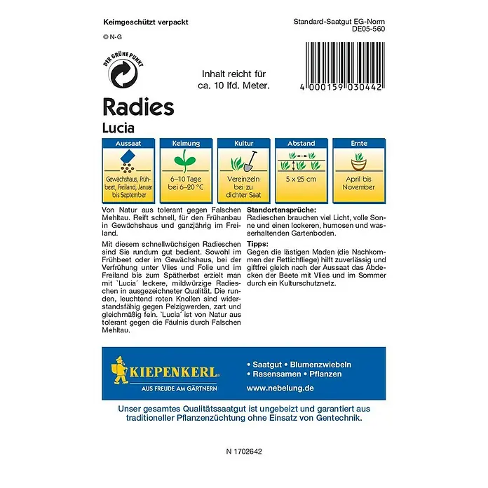 Kiepenkerl Profi-Line Gemüsesamen Radieschen - Lucia F1, Raphanus sativus var. sativus, Erntezeit: April - Rückansicht