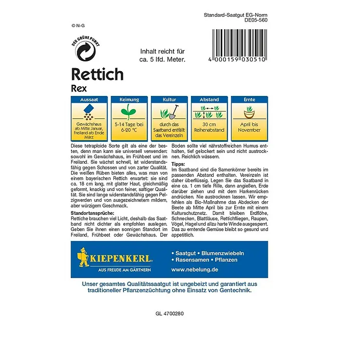 Kiepenkerl Profi-Line Gemüsesamen Rettich - Rex - Saatband, Raphanus sativus var. longipinnatus, Erntezeit: April - Rückansicht