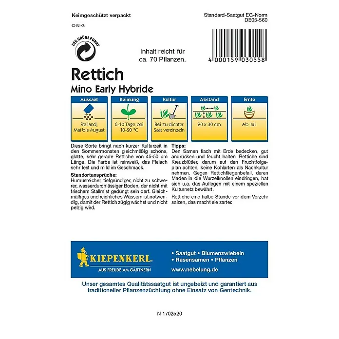 Kiepenkerl Profi-Line Gemüsesamen Rettich - Mino Early, Raphanus sativus var. longipinnatus, Erntezeit: Juli - Rückansicht
