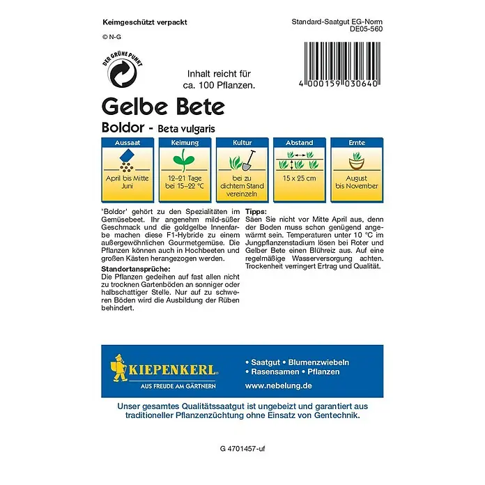 Kiepenkerl Profi-Line Gemüsesamen Gelbe Bete Boldor - Beta vulgaris var. vulgaris, Erntezeit: August - Rückansicht