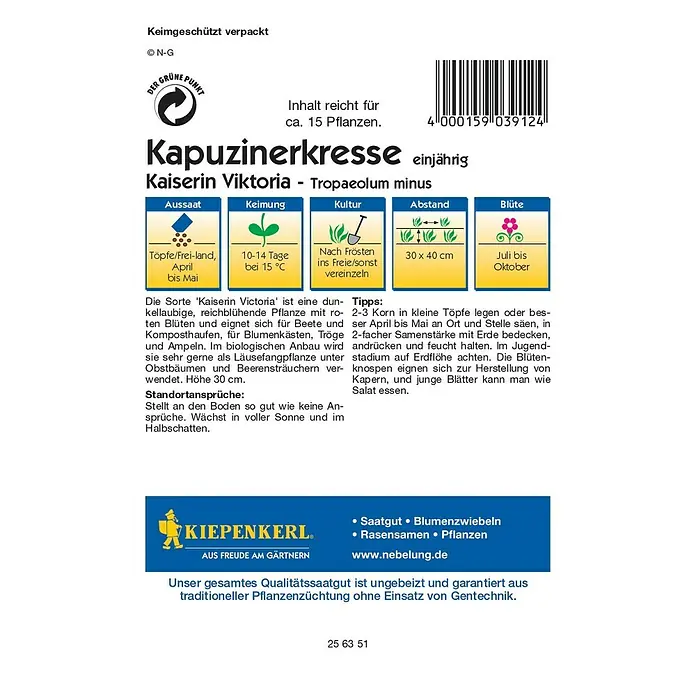 Kräutersamen Kapuzinerkresse - Tropaeolum minus, Saatzeit: April - Rückansicht