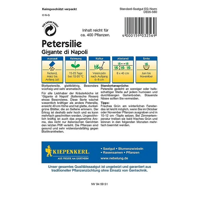 Kiepenkerl Profi-Line Kräutersamen Petersilie - Gigante di Napoli, Petroselinum crispum var. neapolitanum, Saatzeit: März, Erntezeit: Juni - Rückansicht