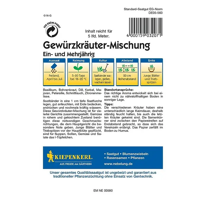 Kiepenkerl Profi-Line Kräutersamenmischung Gewürzkräuter - Verschiedene Sorten, Saatzeit: April, Erntezeit: Juni - Rückansicht