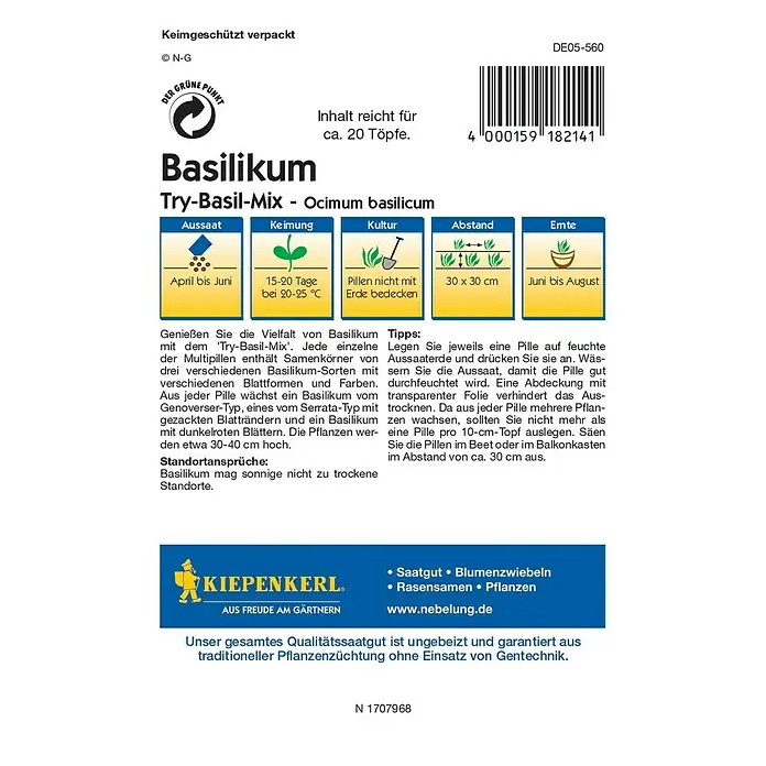 Kiepenkerl Profi-Line Kräutersamen Basilikum - Try-Basil-Mix, Ocimum basilicum, Saatzeit: Mai, Erntezeit: Juni - Rückansicht