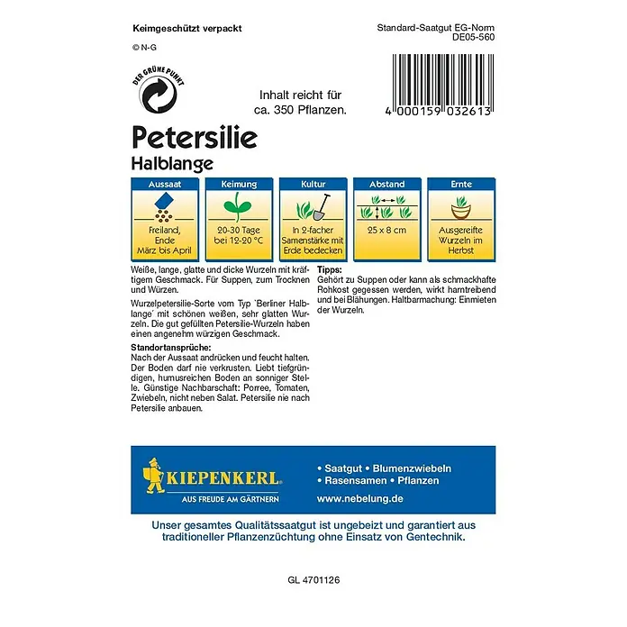 Kiepenkerl Profi-Line Gemüsesamen Wurzelpetersilie - Petroselinum crispum var. tuberosum, Erntezeit: September - Rückansicht