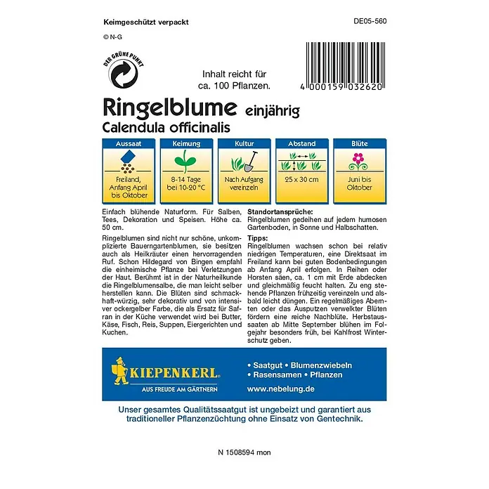 Kiepenkerl Blumensamen Ringelblume - Calendula officinalis, Naturform, Blütezeit: Juni - Rückansicht