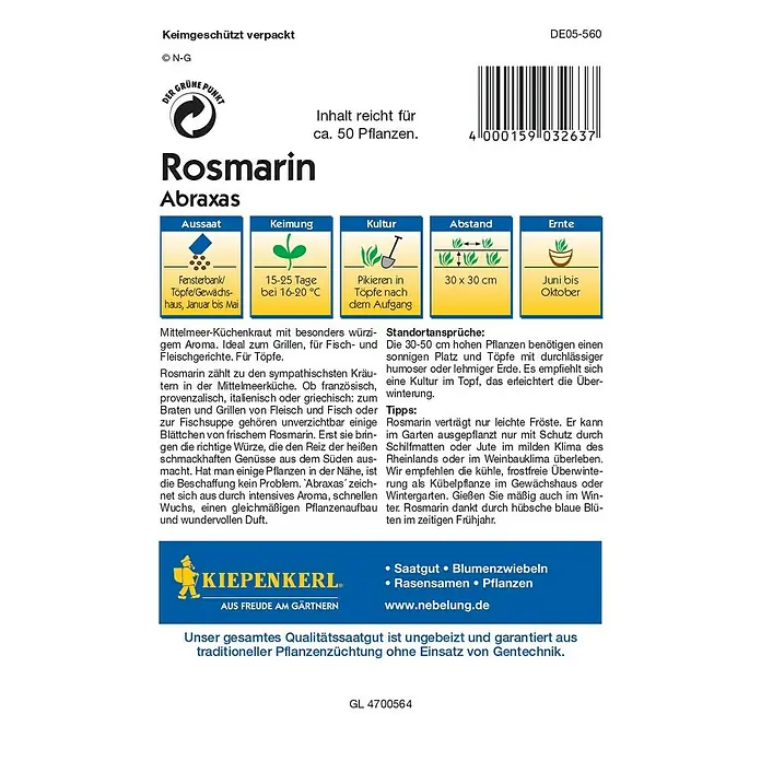 Kiepenkerl Profi-Line Kräutersamen Rosmarin - Abraxas, Rosmarinus officinalis, Erntezeit: Juni - Rückansicht